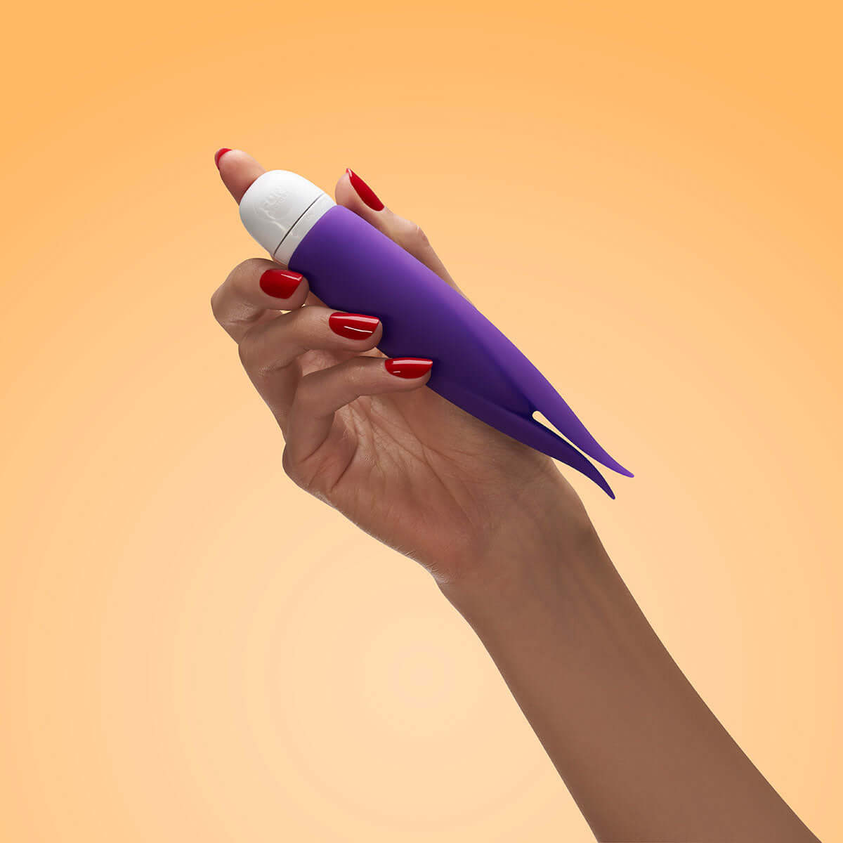 Hand holding the Fun Factory Volita Vibrator Violet against a gradient orange background.