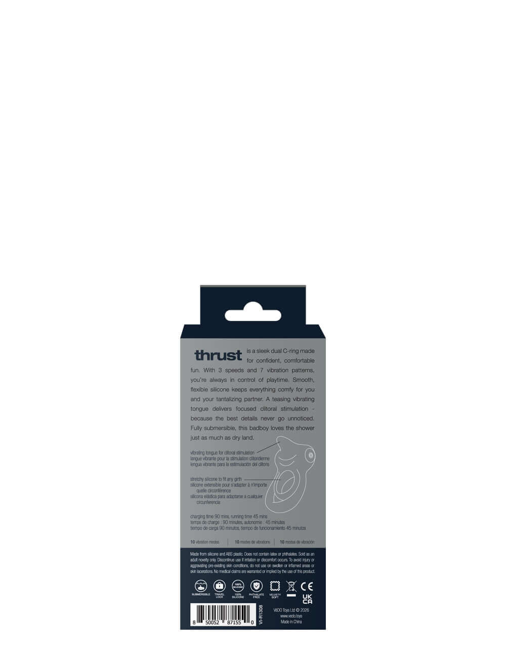 Vedo Thrust Rechargeable Dual C-Ring Black product packaging back view with details and instructions.