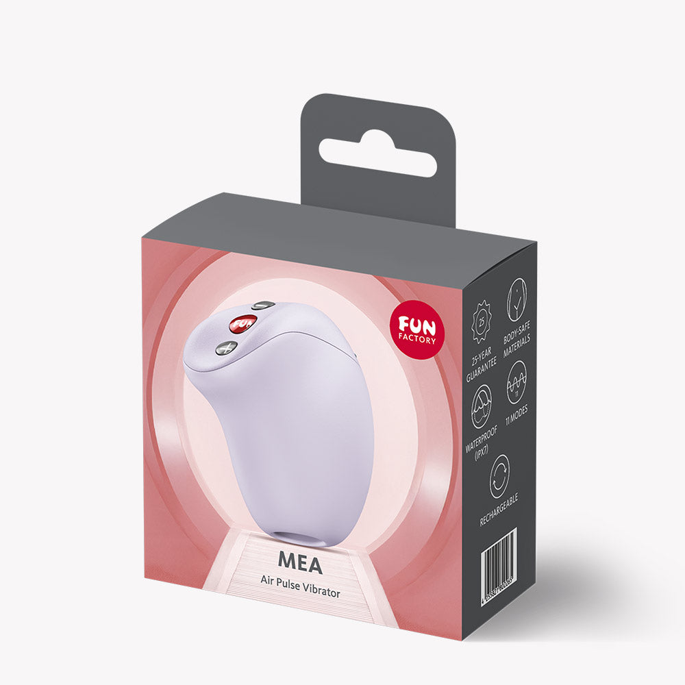 Fun Factory Mea Air Pulse Vibrator Purple packaging showcasing modern design and features.