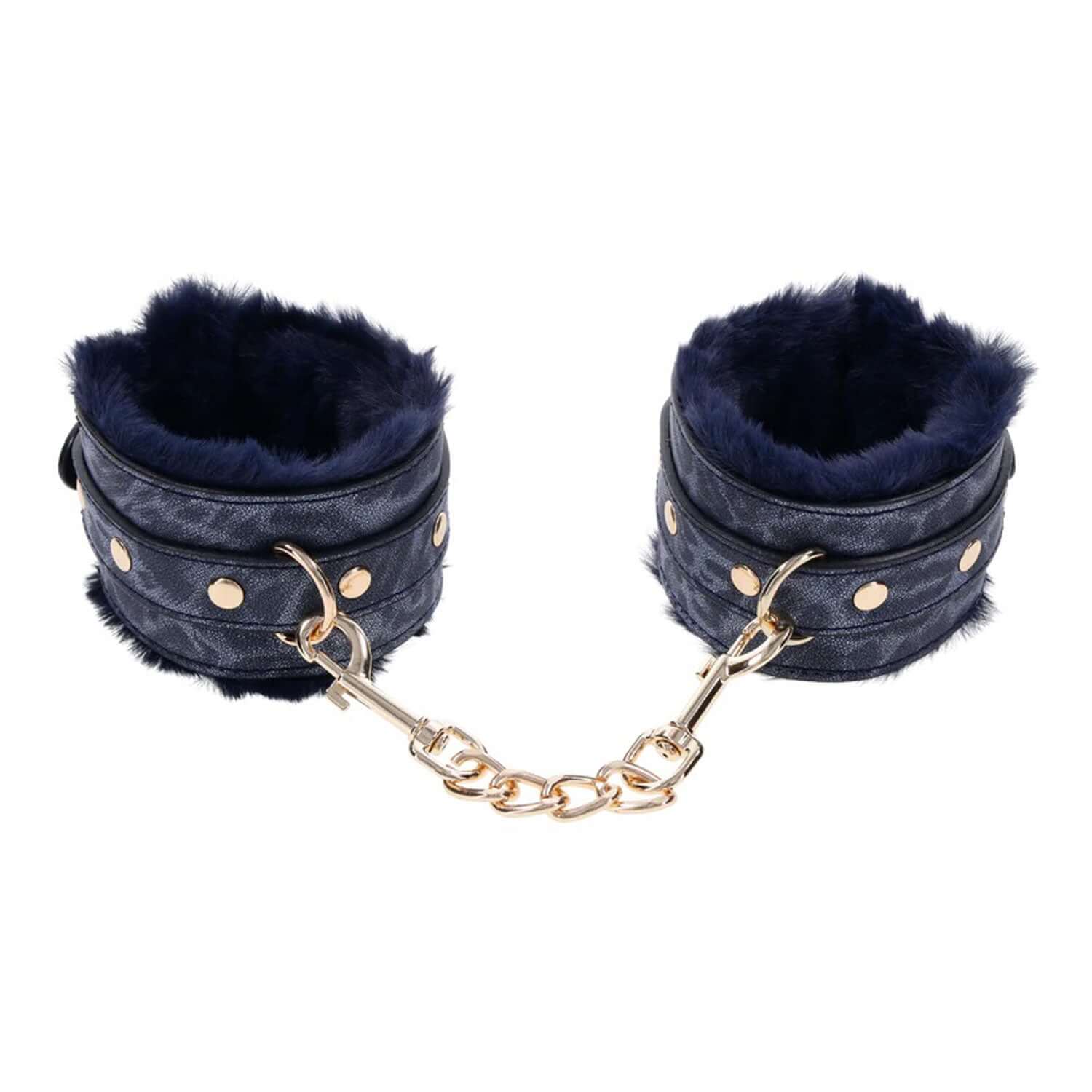 Luxurious blue faux fur handcuffs with gold hardware for sophisticated and adventurous play.