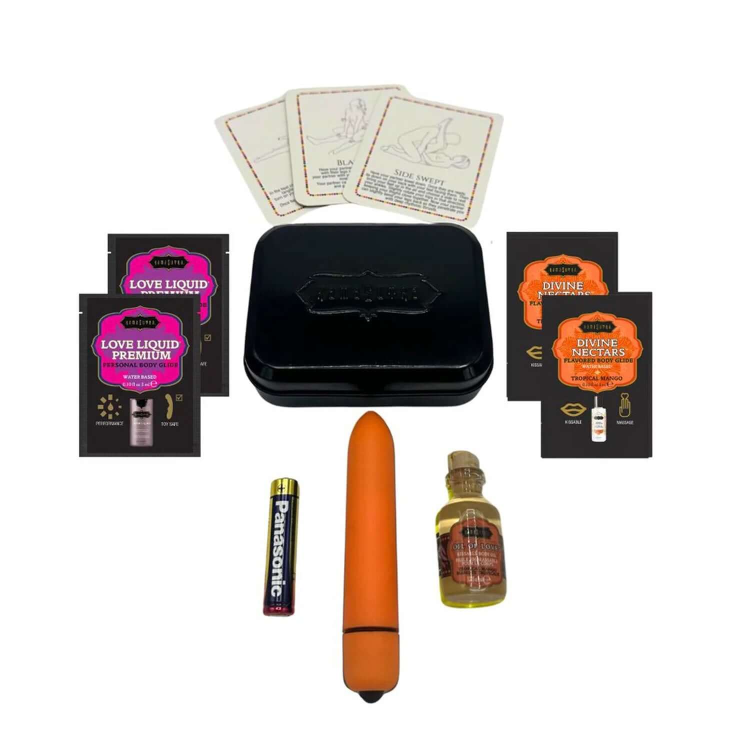 Kama Sutra Weekender Kit Vibe Tropical Mango with mini vibe, battery, lotions, and cards for spontaneous fun and relaxation.