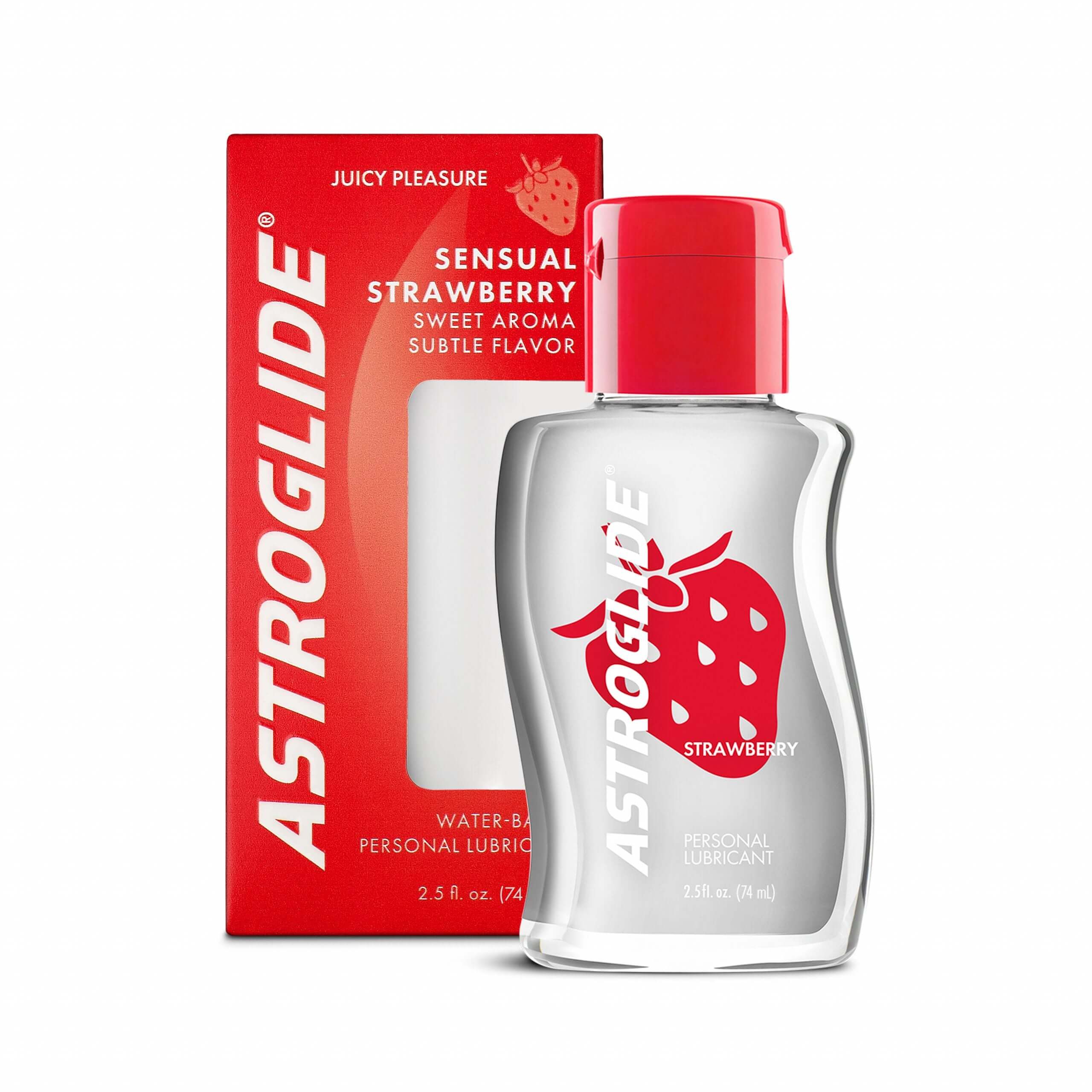 Astroglide Water-based Lubricant Strawberry 2.5 Oz bottle with strawberry flavor packaging.