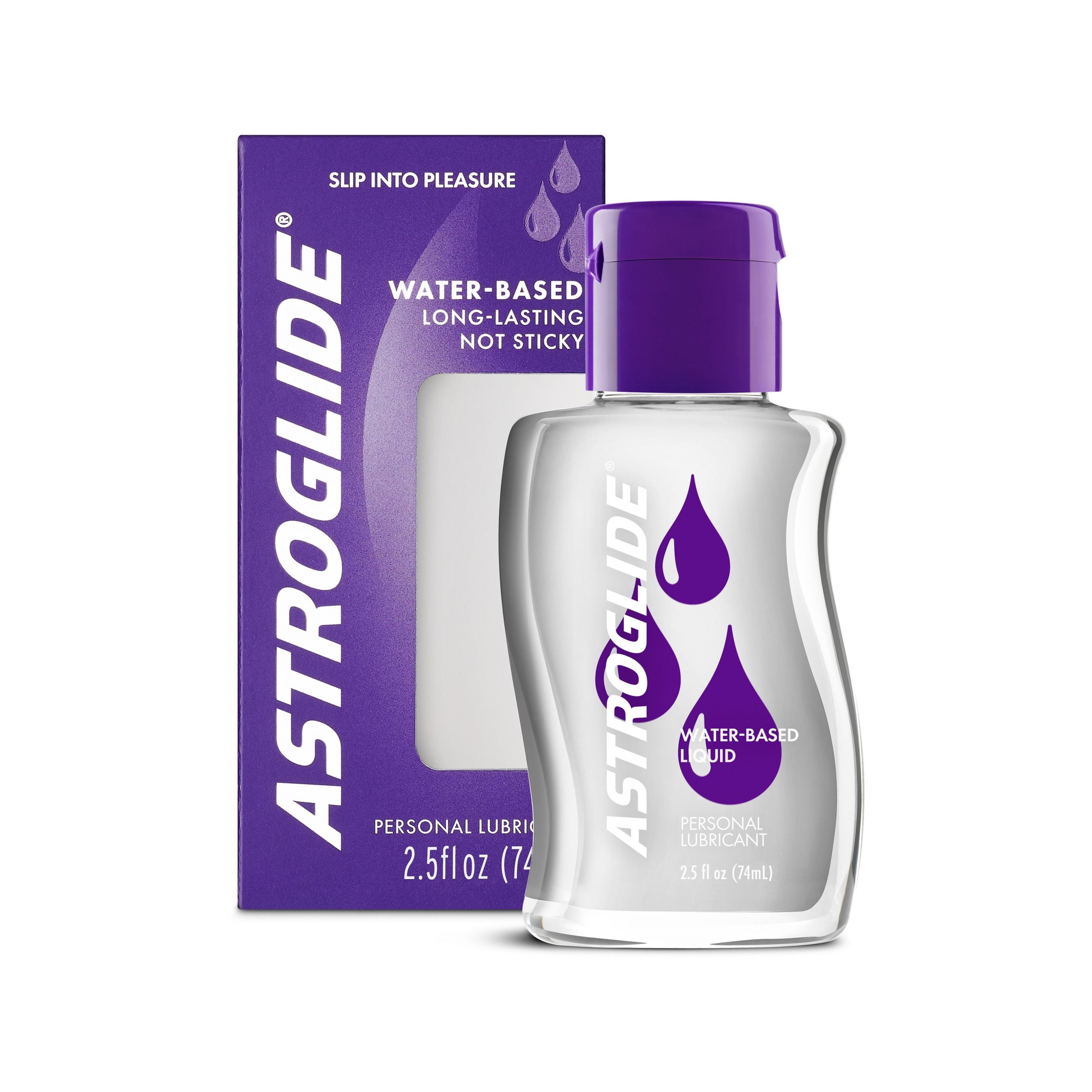 Astroglide Water-based Liquid Lubricant 2.5 Oz bottle and box, designed for long-lasting comfort and moisture.