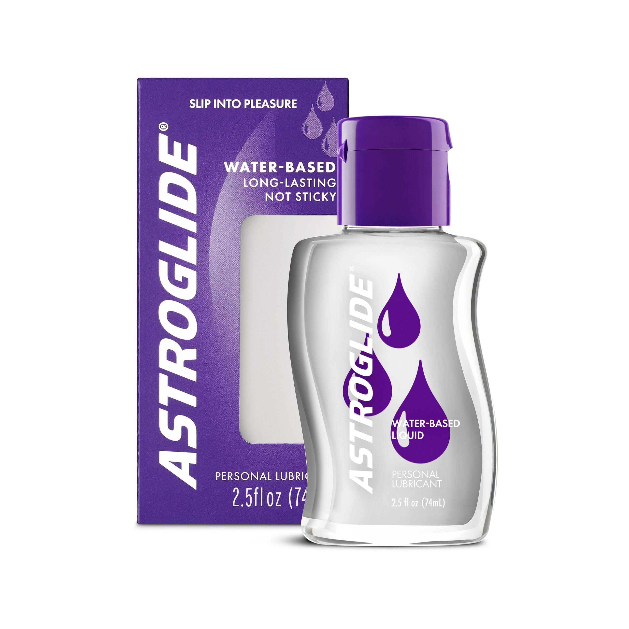 Astroglide Water-based Liquid Lubricant 2.5 Oz bottle and box, designed for long-lasting comfort and moisture.