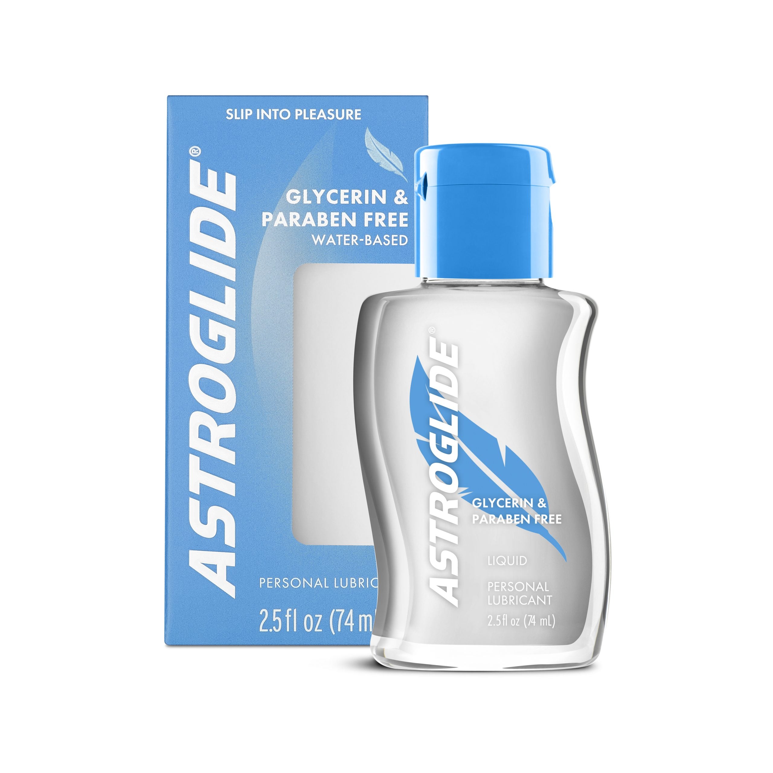 Astroglide Glycerin Paraben Free Lubricant 2.5 Oz bottle and packaging on a white background.