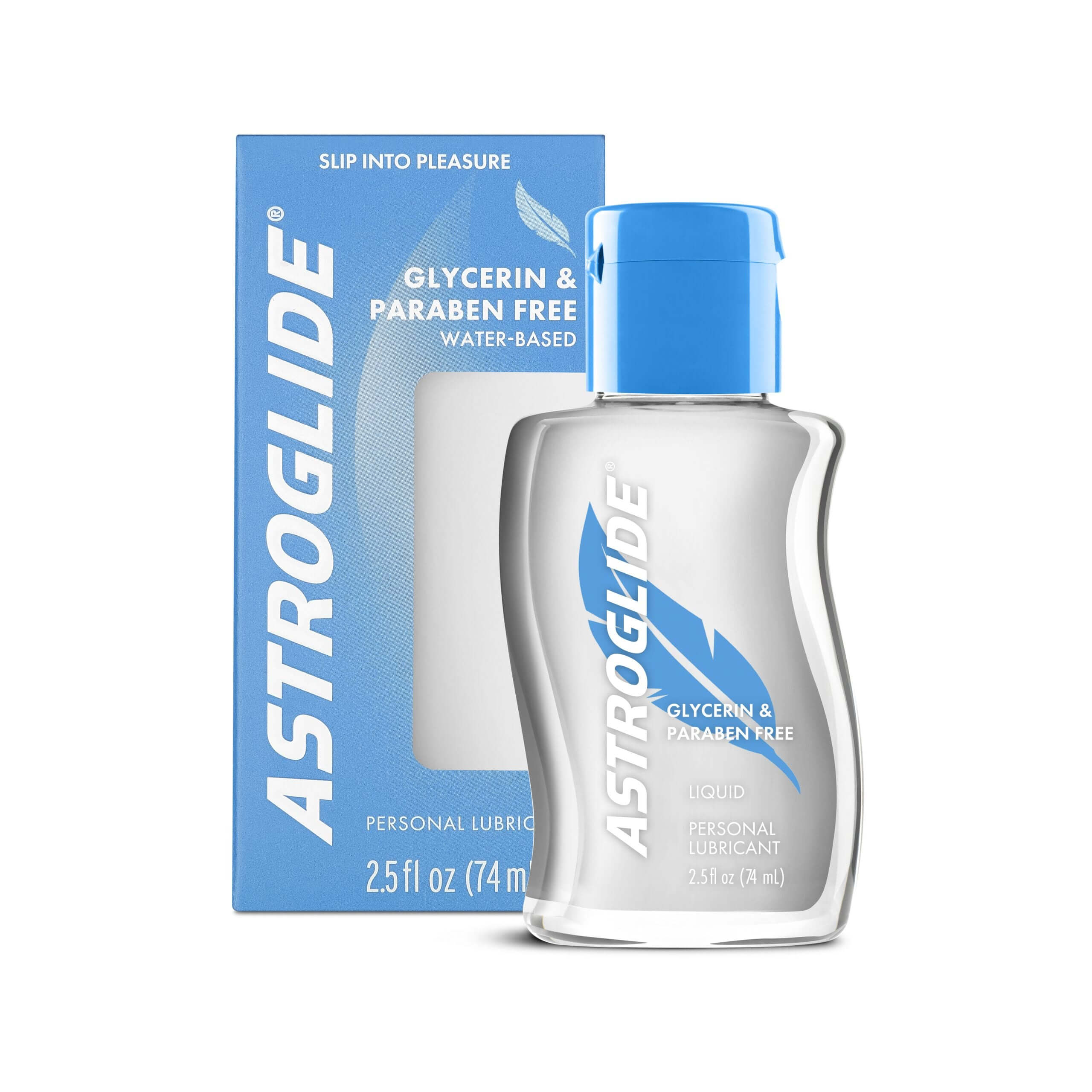 Astroglide Glycerin Paraben Free Lubricant 2.5 Oz bottle and packaging on a white background.