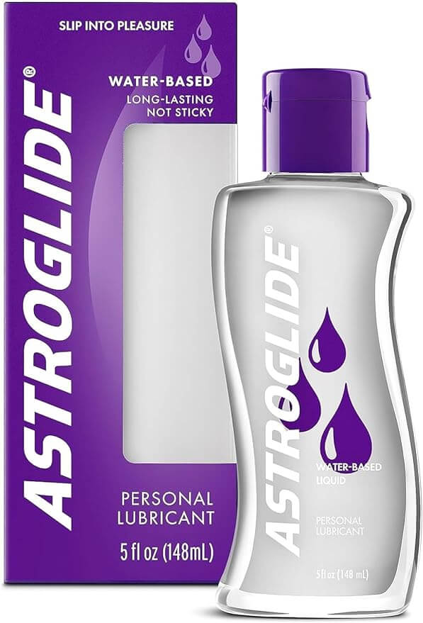 Astroglide Water-based Liquid Lubricant 5 Oz bottle and packaging for intimate use.
