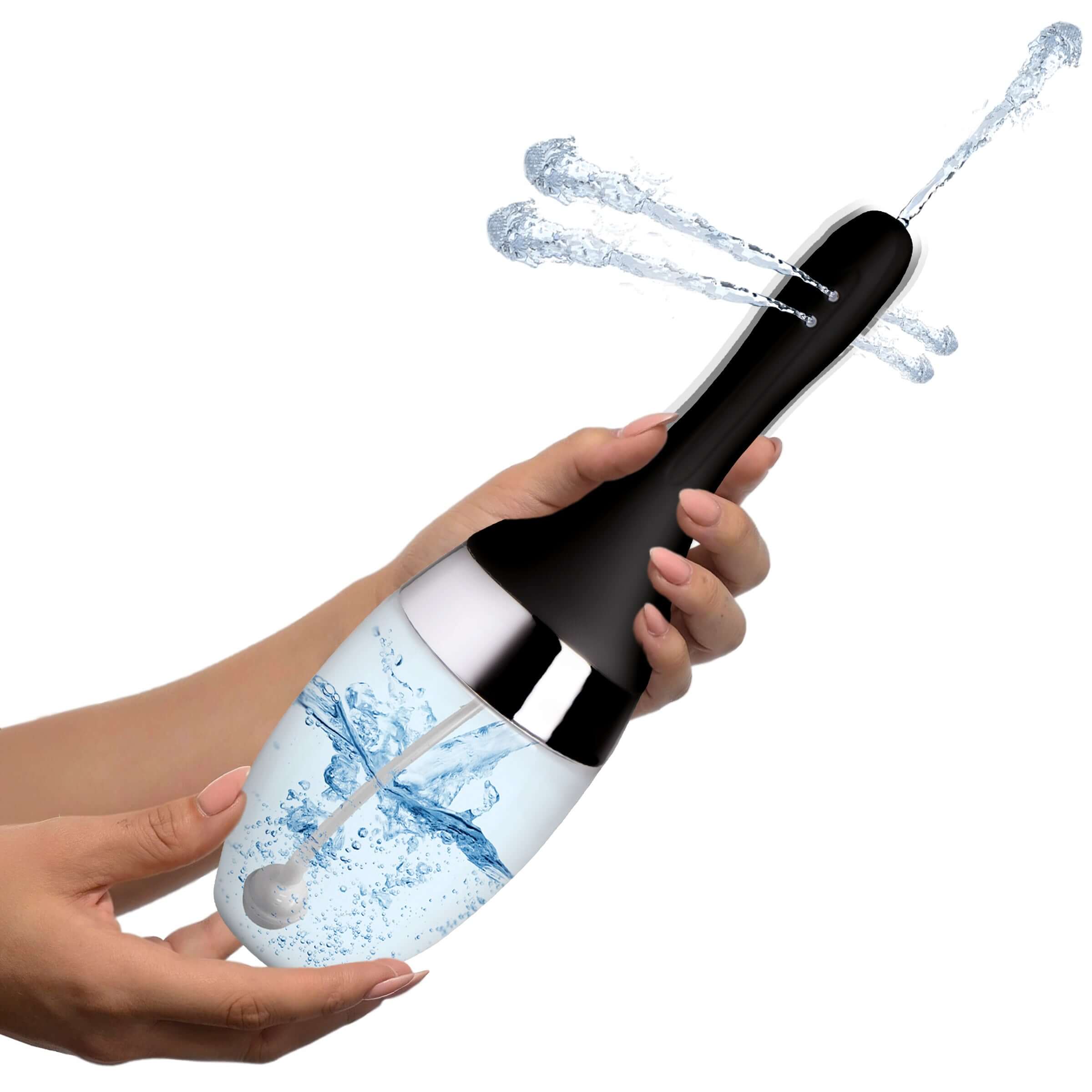 Image of CleanStream Auto-Vibrating Enema Bulb showcasing water spray features in hand.