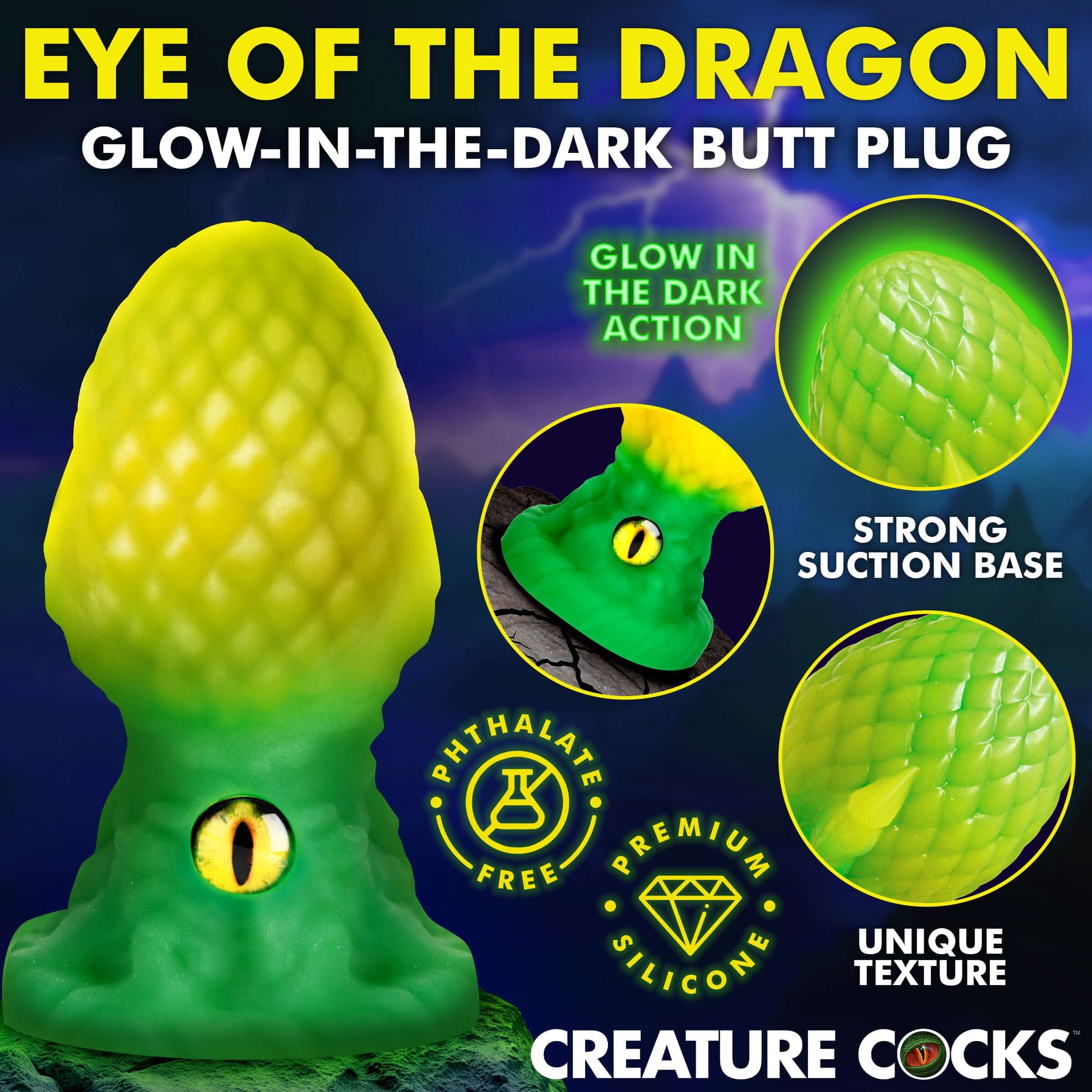 Eye of the Dragon Silicone Butt Plug Green features glow-in-the-dark design and unique dragon-scale texture.
