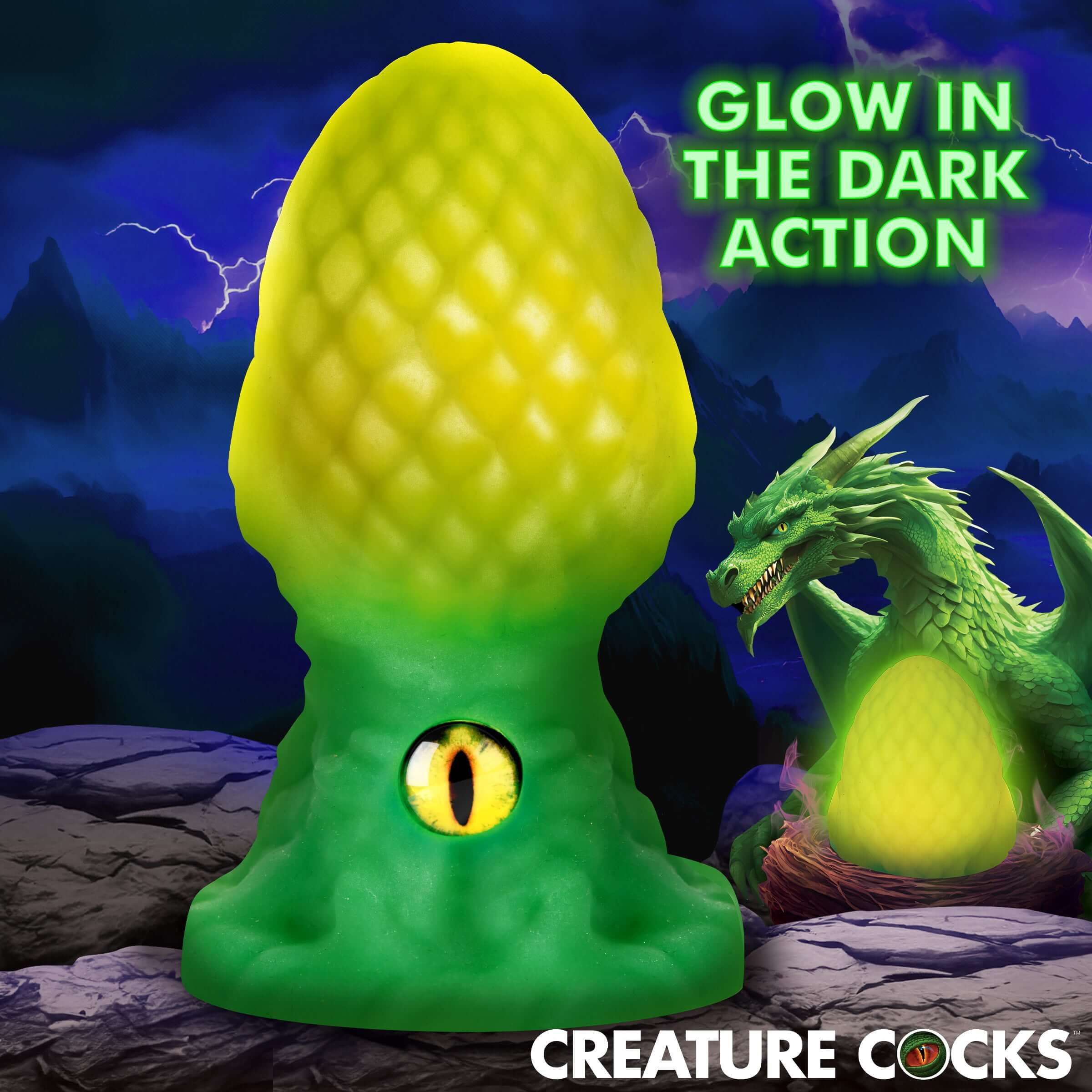 Eye of the Dragon Silicone Butt Plug Green featuring glow-in-the-dark design and dragon-scale texture.