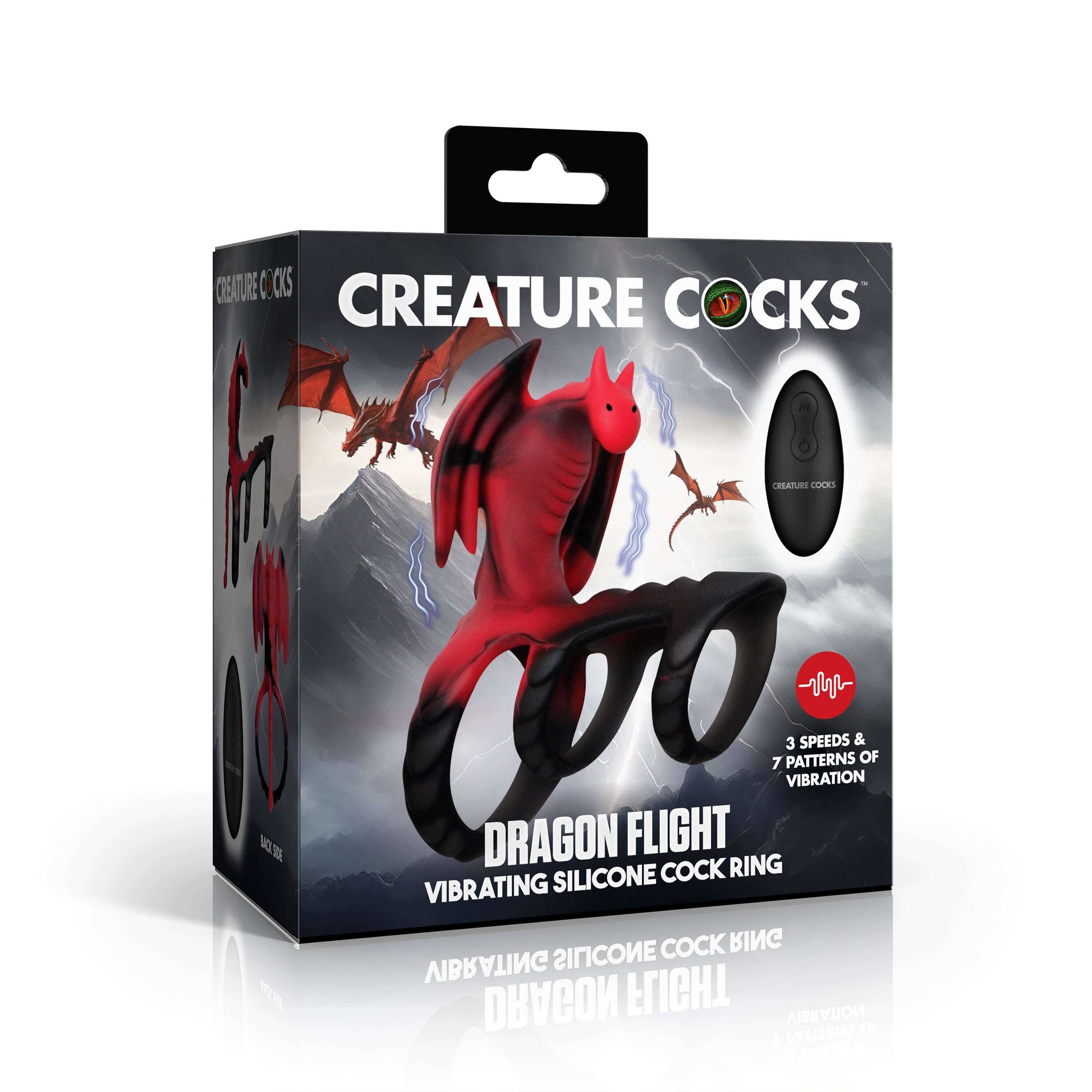Dragon Flight Vibrating Silicone Cock Ring packaging featuring a red dragon design and vibration settings