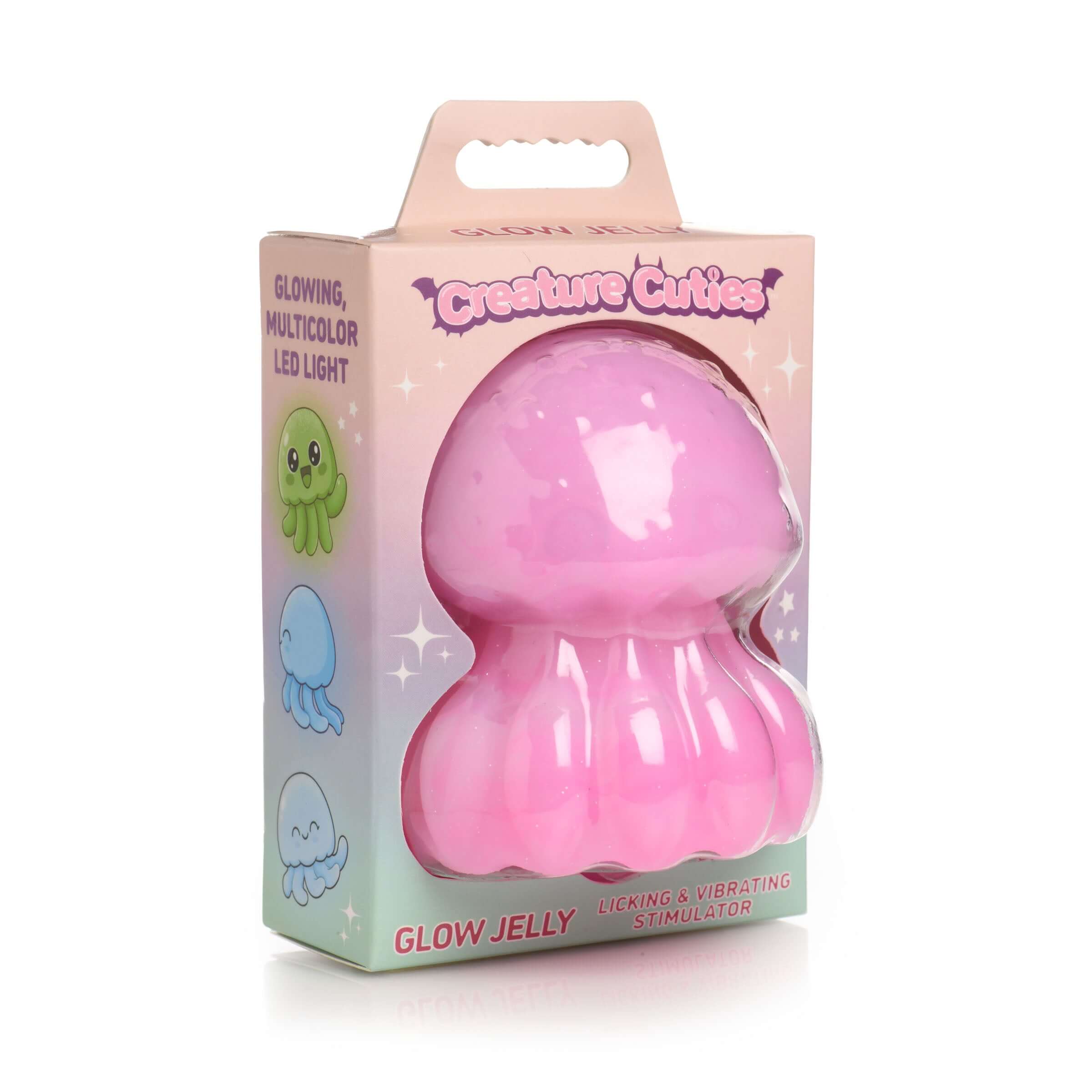 Creature Cuties Glow Jelly Licking & Vibrating Stimulator packaging with colorful LED light design.
