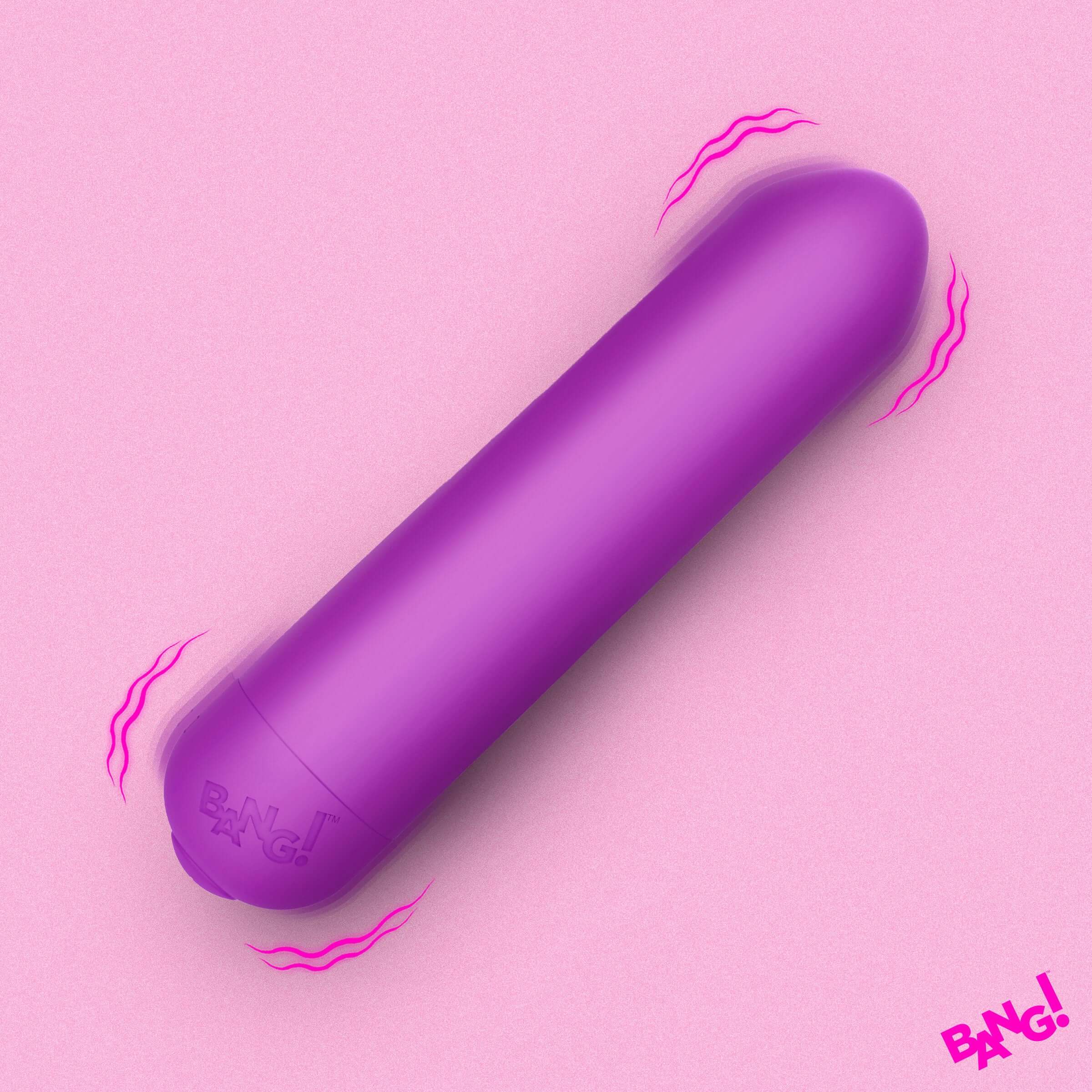 Bang Ultra Powerful Bullet Vibrator Purple on a pink background with a sleek design and vibration effect.