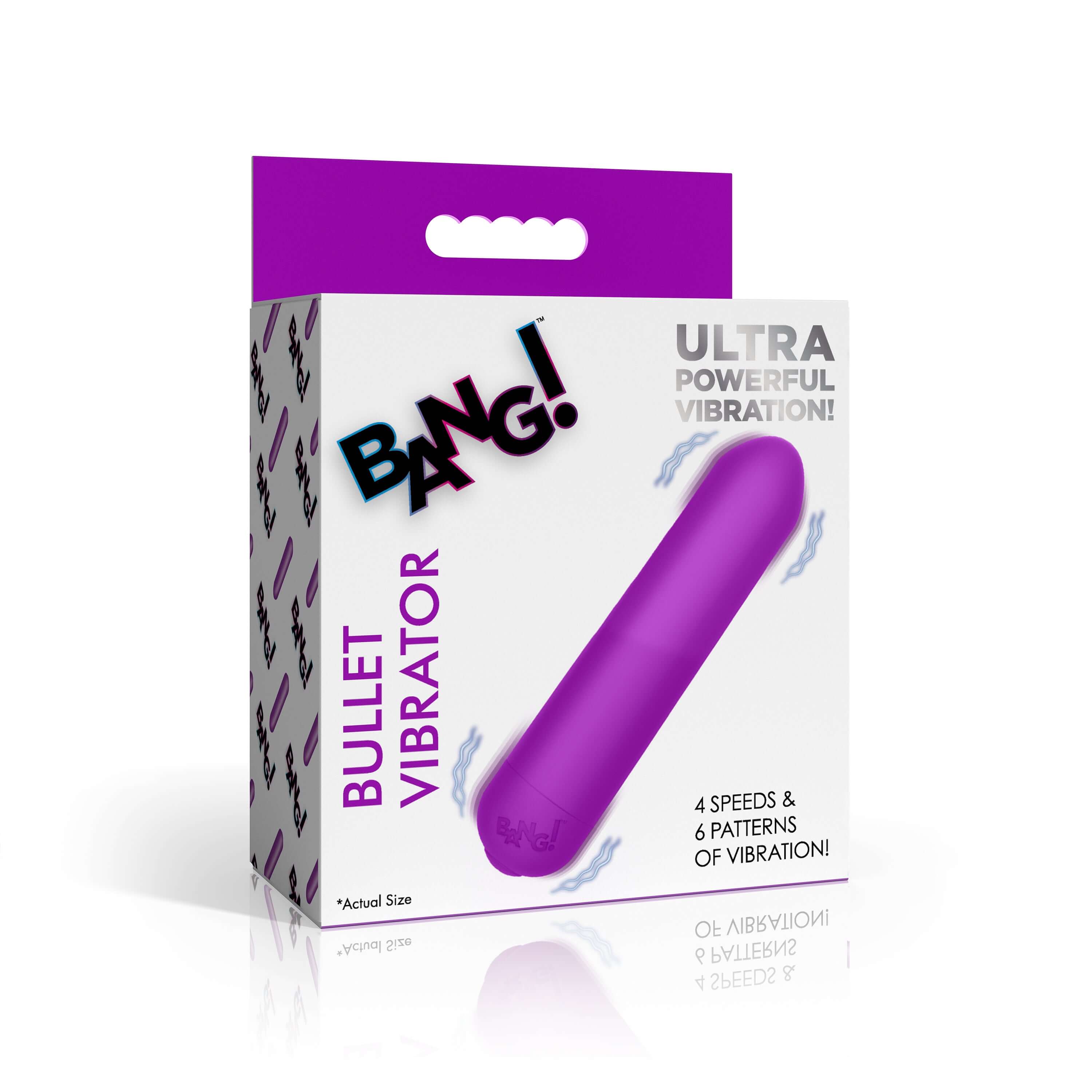 Bang Ultra Powerful Bullet Vibrator Purple packaging with vibrant colors and product details.