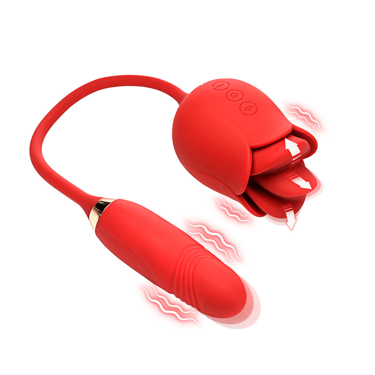 Blossom Kiss Licking Clit Stimulator with Thrusting Vibrator features a red design for enhanced pleasure and stimulation.