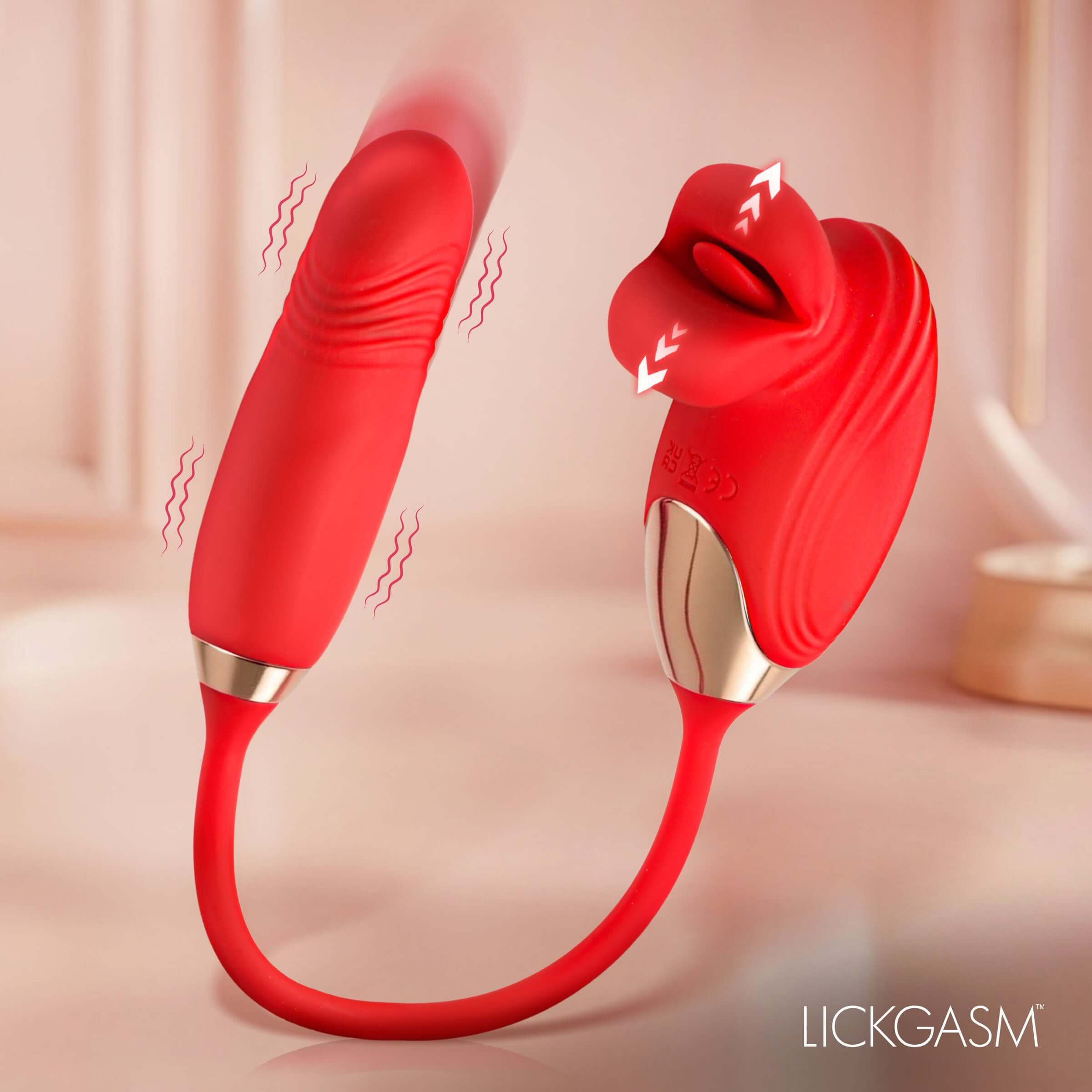 Bliss Kiss Kissing Clitoral Stimulator with Thrusting Vibrator in red, showcasing its innovative design and flexible structure.