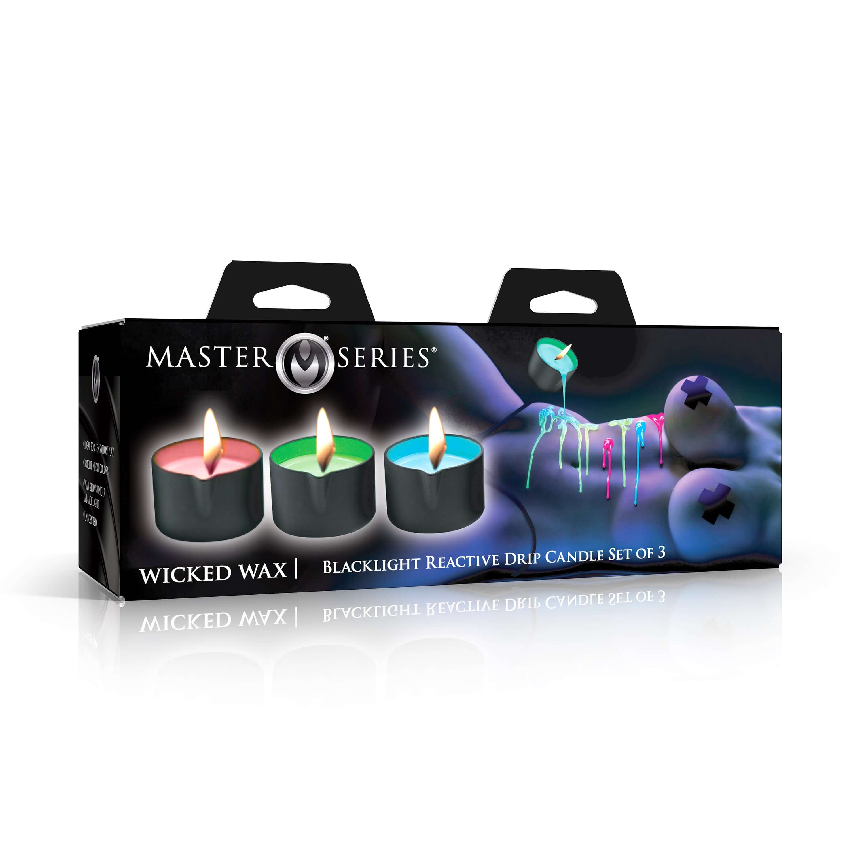Wicked Wax Blacklight Reactive Drip Candle Set of 3 packaging showing colorful candles in a black box