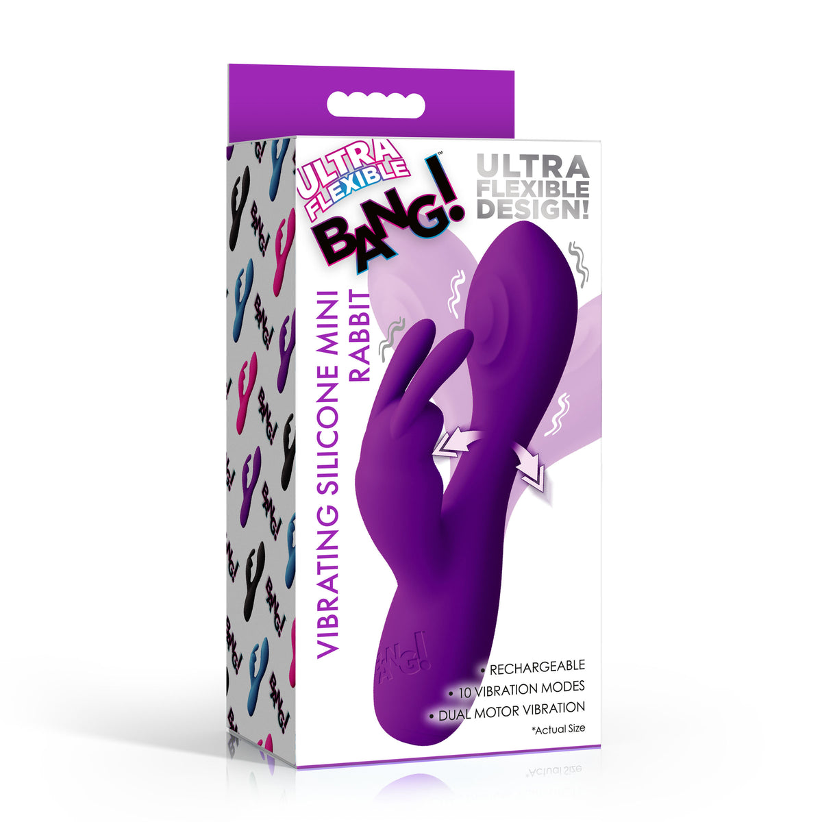 Bang Flexible Silicone Mini Rabbit Vibrator Purple packaging showcasing its flexible design and features.