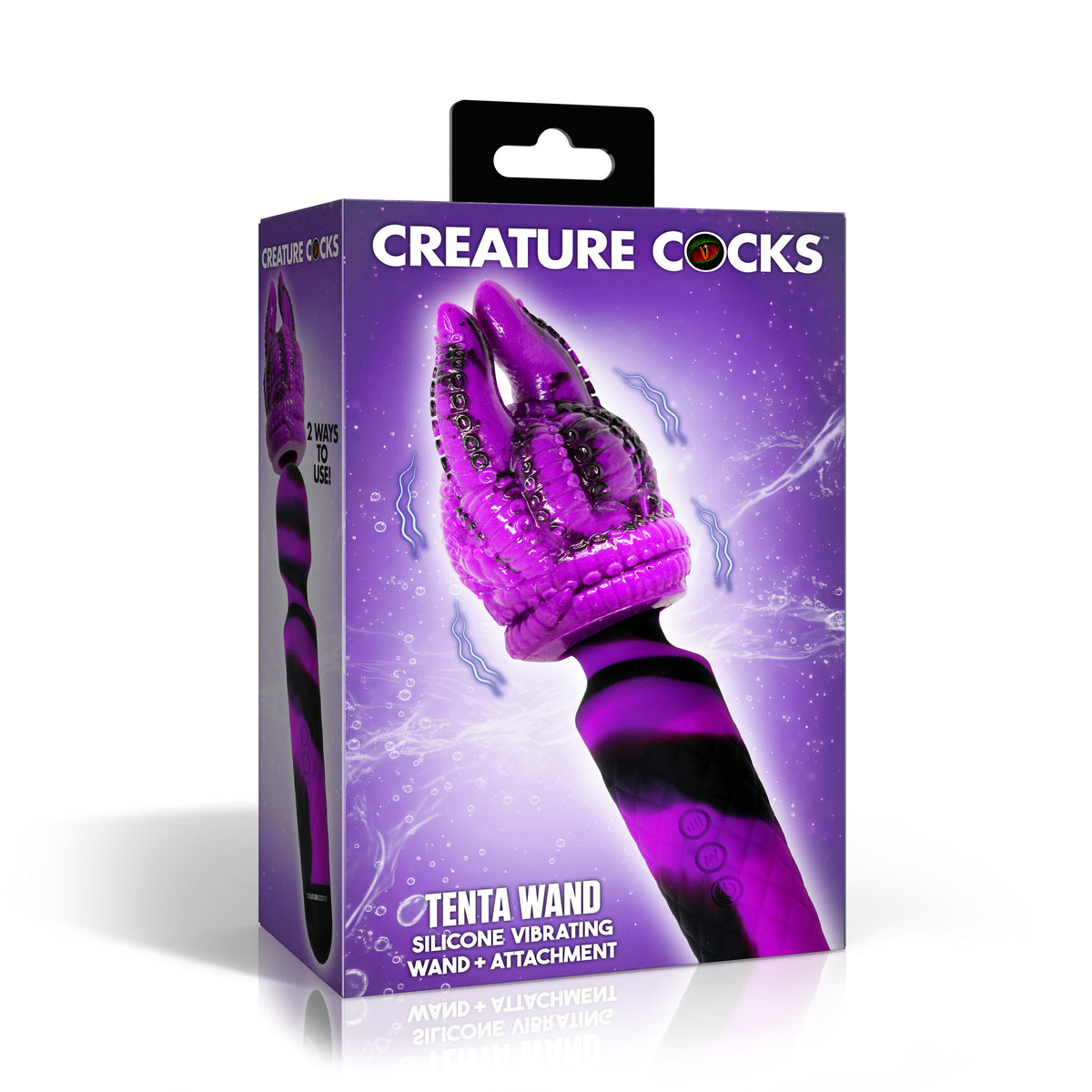 Tenta Wand Silicone Vibrating Wand With Attachment packaging showcasing its unique design for enhanced pleasure.