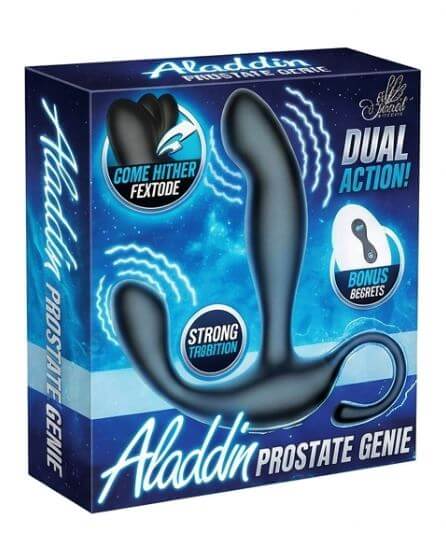 Aladdin Prostate Genie Vibrating Massager box featuring dual action design and bonus beget for enhanced pleasure.