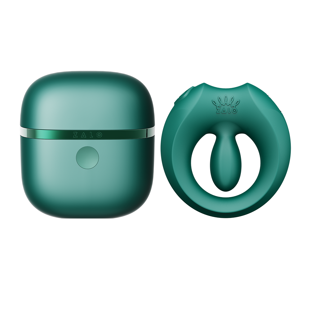 ZALO Apis Vibrating Couples Ring Turquoise Green next to its case, showcasing a sleek modern design and premium silicone material.