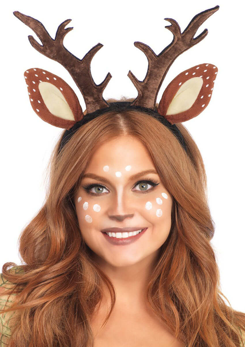 Leg Avenue Fawn Ear Antler Animal Costume Headband worn by a smiling model with deer features and decorative makeup.