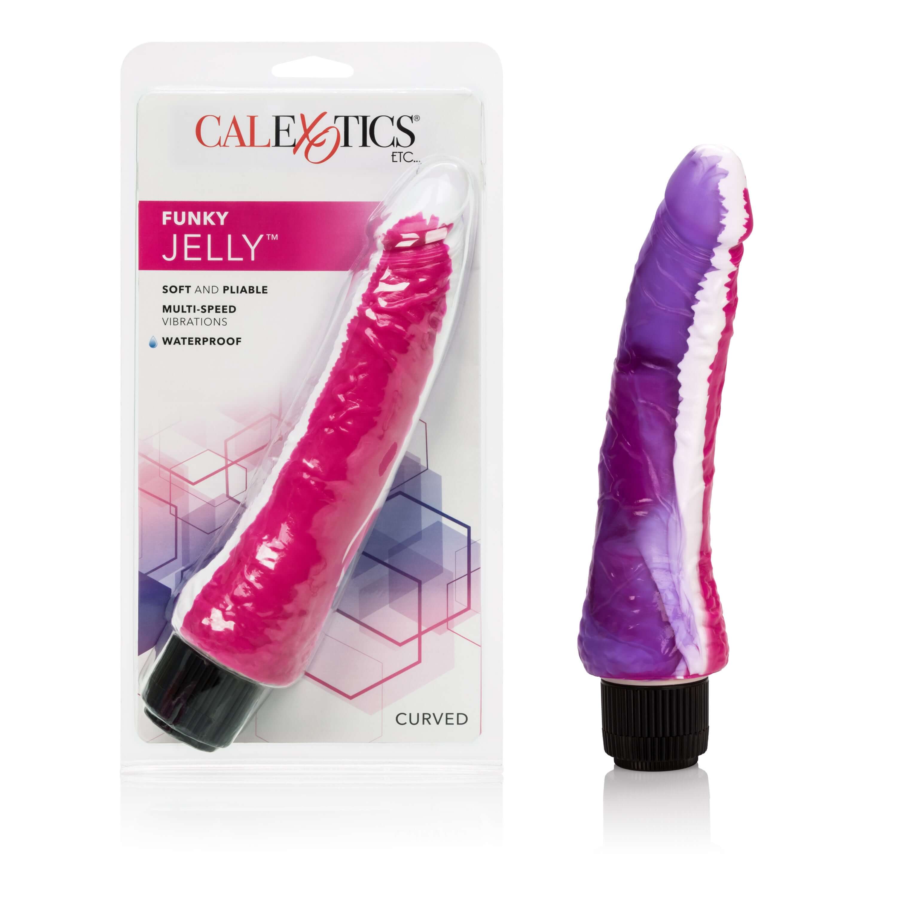 Funky Jelly Curved Vibrator 7.5 Inches Pink Purple in packaging and against a white background.