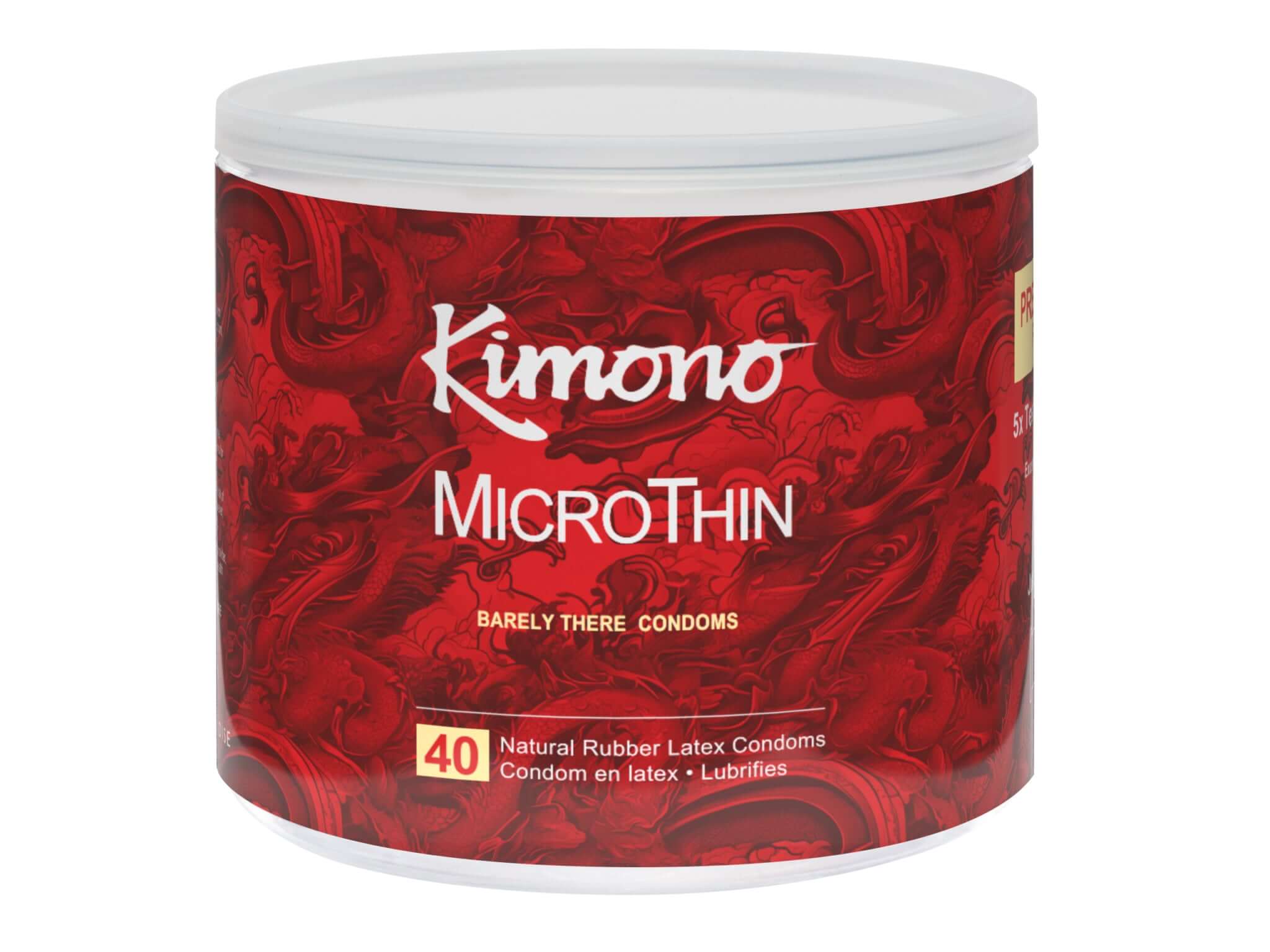 Kimono MicroThin 40 Count Condoms Packaging - Natural Rubber Latex - Red Container