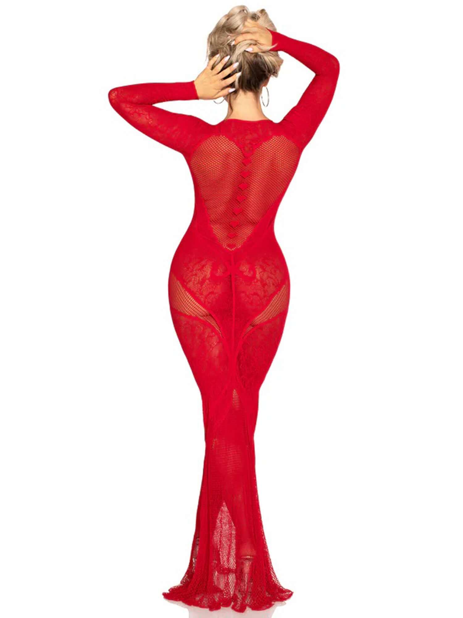 Red lace and net body-con gown with heart keyhole detail, crafted from nylon and spandex, one size fits most, back view.