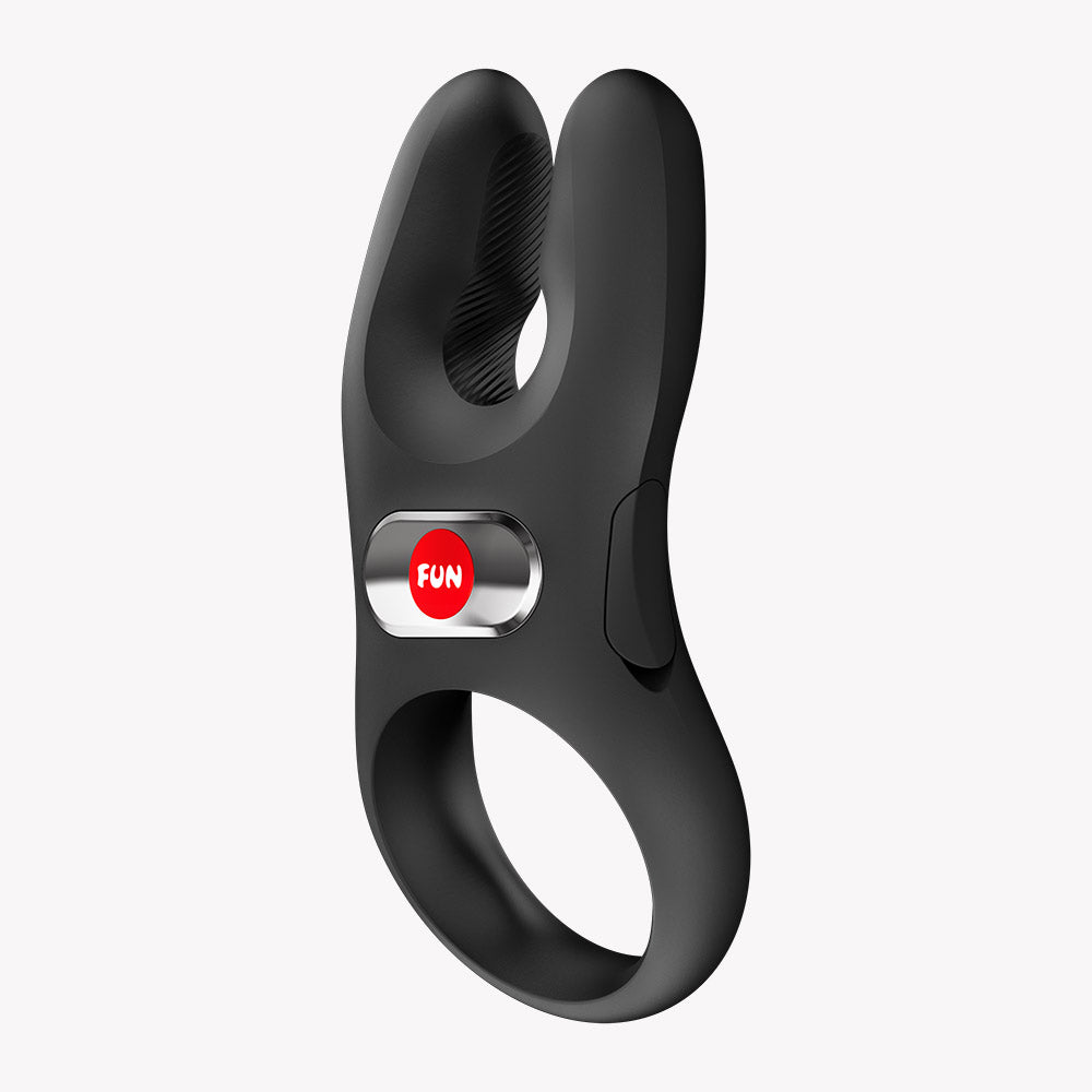 Fun Factory Nos Classic Vibrating Cock Ring Black, a dual-motor vibrator for enhanced pleasure and firm erection support.