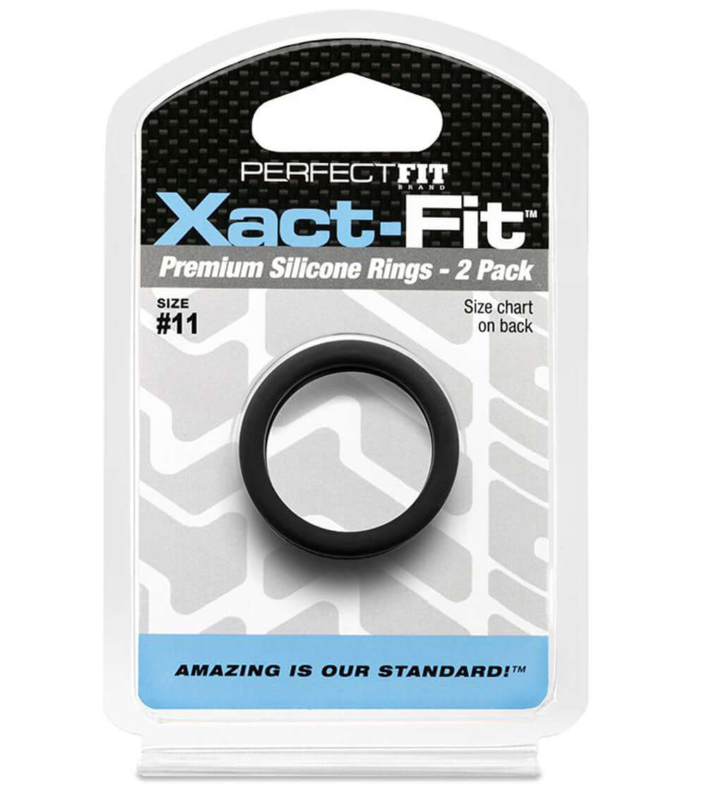 Perfect Xact-Fit No 11 Rings Black 2-Pack premium silicone rings in packaging.