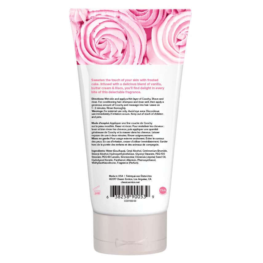 Coochy Shave Cream Frosted Cake 3.4 Oz tube featuring frosted cake inspired design and details about its smooth shaving benefits.