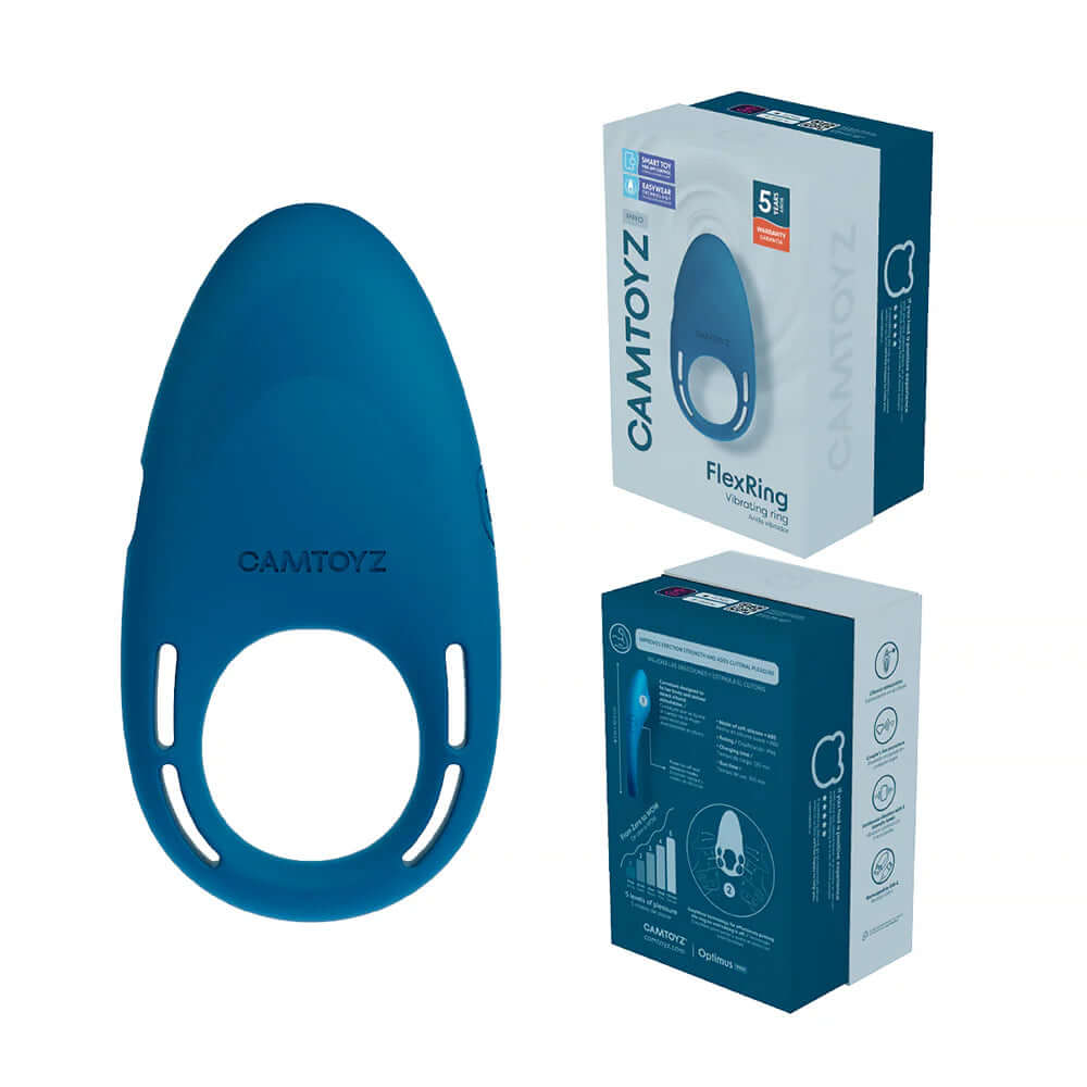 Flex Ring Camtoyz Vibrating Ring With App Blue with packaging shown, highlighting the innovative design and features.