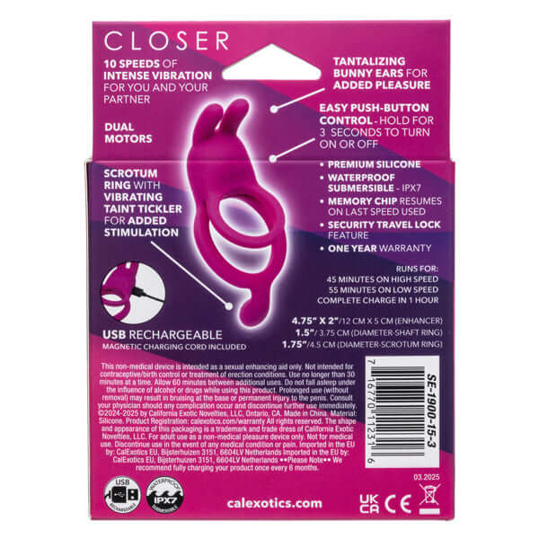 Closer Intimate Rechargeable Ring Touch Pink packaging showing features and specifications of the couples enhancer.