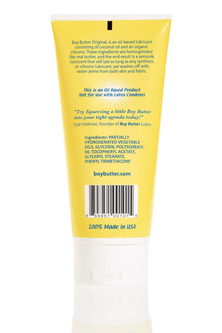 Boy Butter Original Formula 6 Oz Lube Tube back view with product details and ingredients listed.