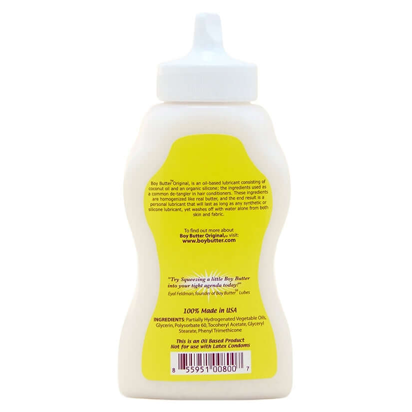 Boy Butter Personal Lubricant 9 Oz Squeeze bottle back view with ingredients and usage instructions.
