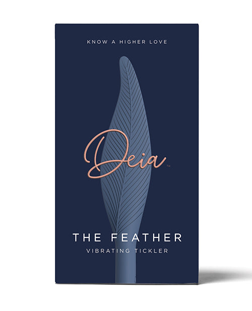 Deia Vibrating Feather Tickler with Charging Case Navy packaging design showcasing elegant feather-inspired tip.