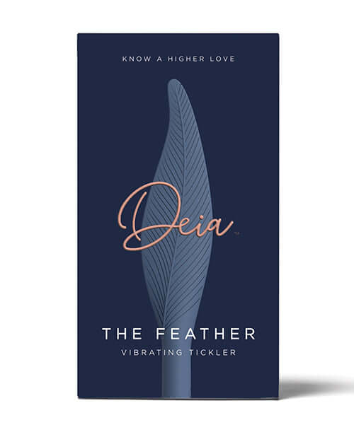 Deia Vibrating Feather Tickler with Charging Case Navy packaging design showcasing elegant feather-inspired tip.