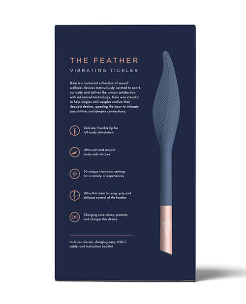 Deia Vibrating Feather Tickler with Charging Case Navy packaging details and features description.