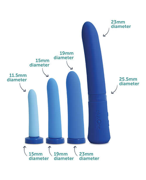 plusOne Vaginal Dilator Set Blue with four interchangeable dilators in varying sizes and diameters.