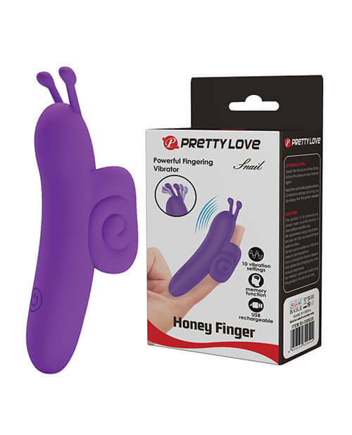 Pretty Love Snail Honey Finger Vibe Purple with packaging, compact finger vibrator for stimulation.