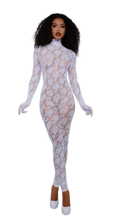Dreamgirl Gloved Bodystocking Dmnd OS White on a model showcasing its elegant design and flattering fit.