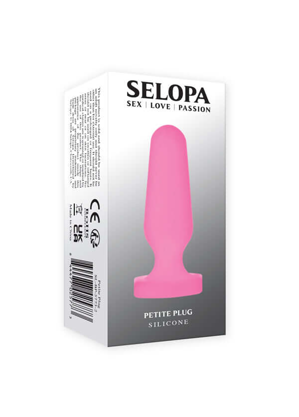 Selopa Petite Silicone Anal Plug in pink packaging with product details, safe flared base, and eco-friendly features.