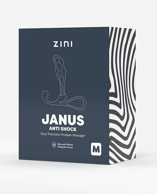 Zini Janus Anti Shock Prostate Massager Medium Black box packaging with ergonomic design.