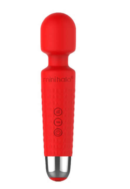 Mini Halo Wand Massager Red Rose in red silicone design with multiple buttons for customizable vibration settings.