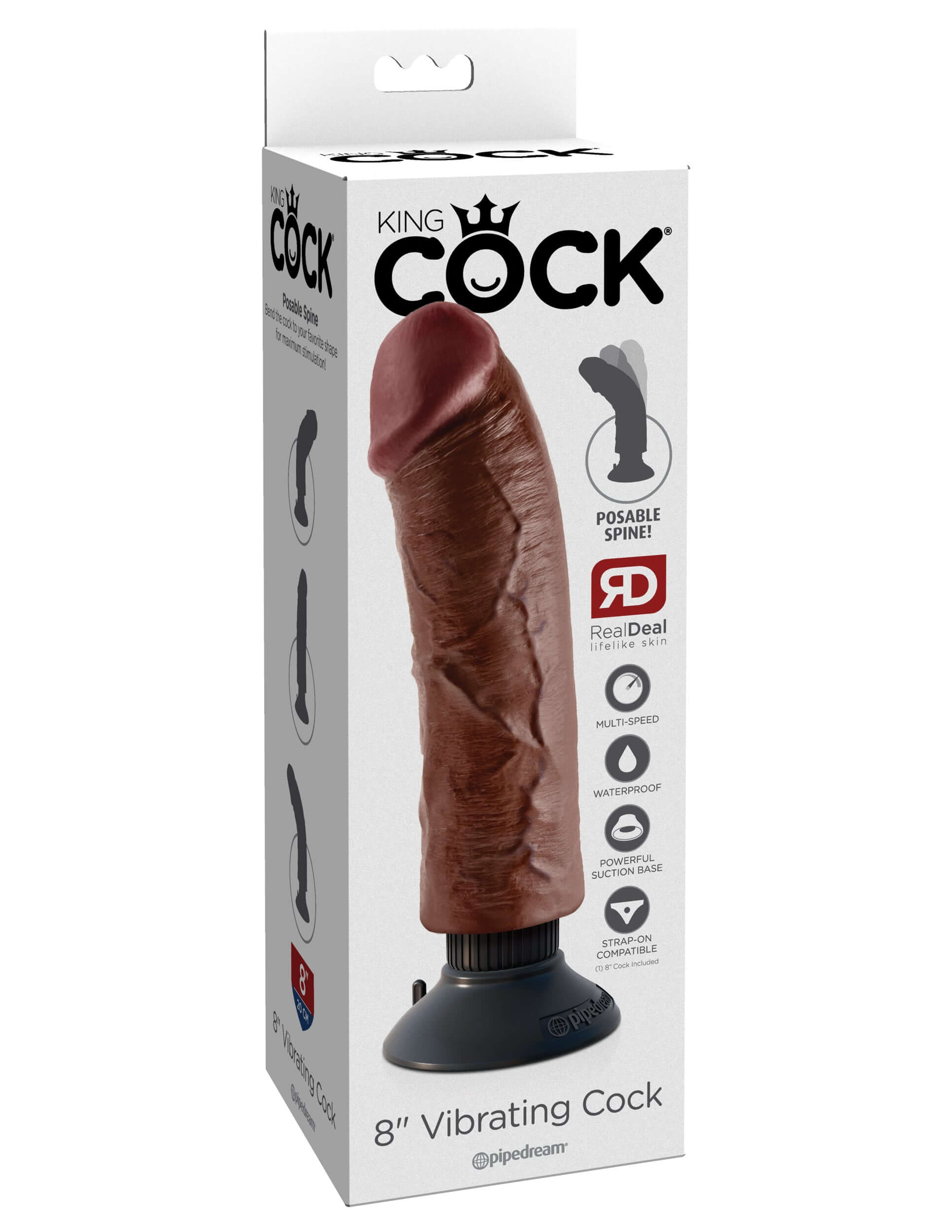 King Cock 8-Inch Vibrating Cock Brown with realistic detailing and powerful vibrations in packaging by Pipedream.