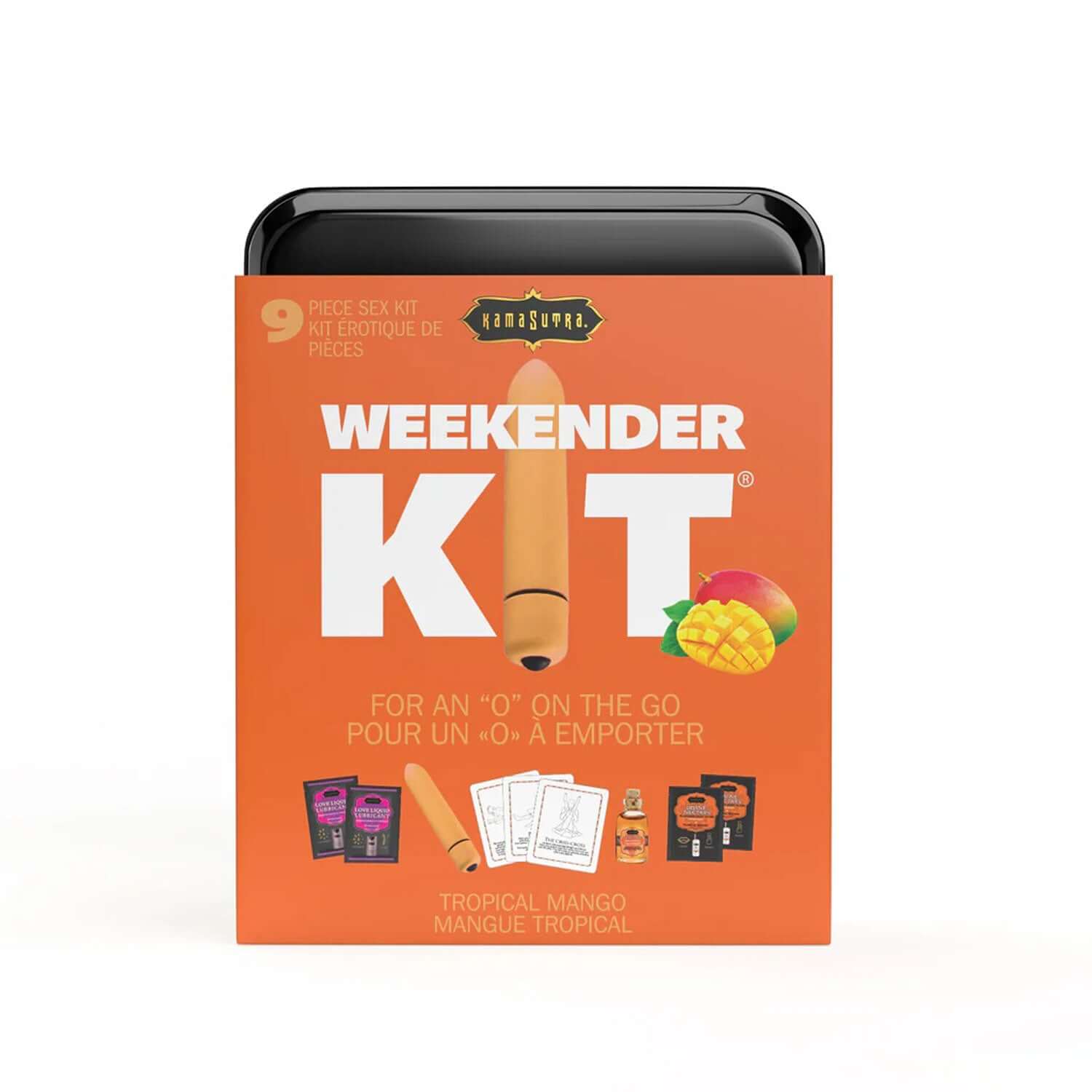 Kama Sutra Weekender Kit Vibe Tropical Mango packaging with mini bullet vibe and travel essentials for spontaneous fun.