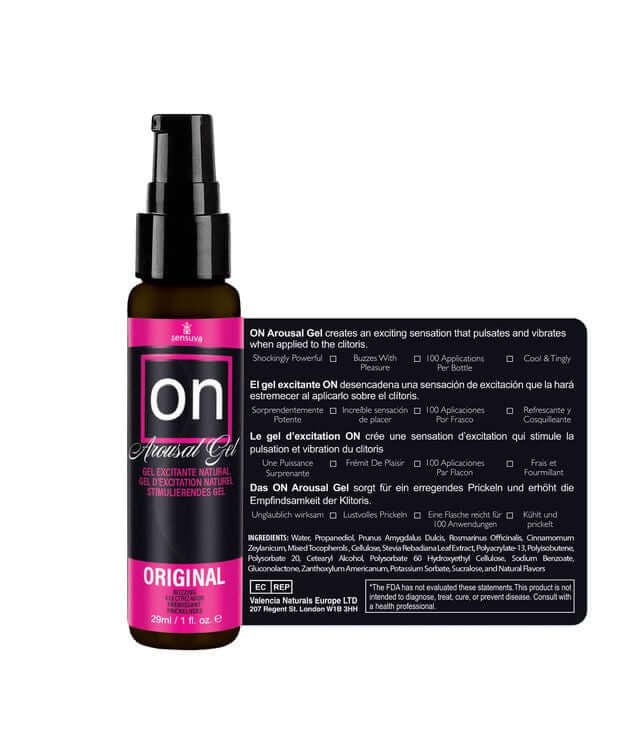 Sensuva On Arousal Gel Original for Her 1 Fl Oz bottle with details about its stimulating properties and usage.