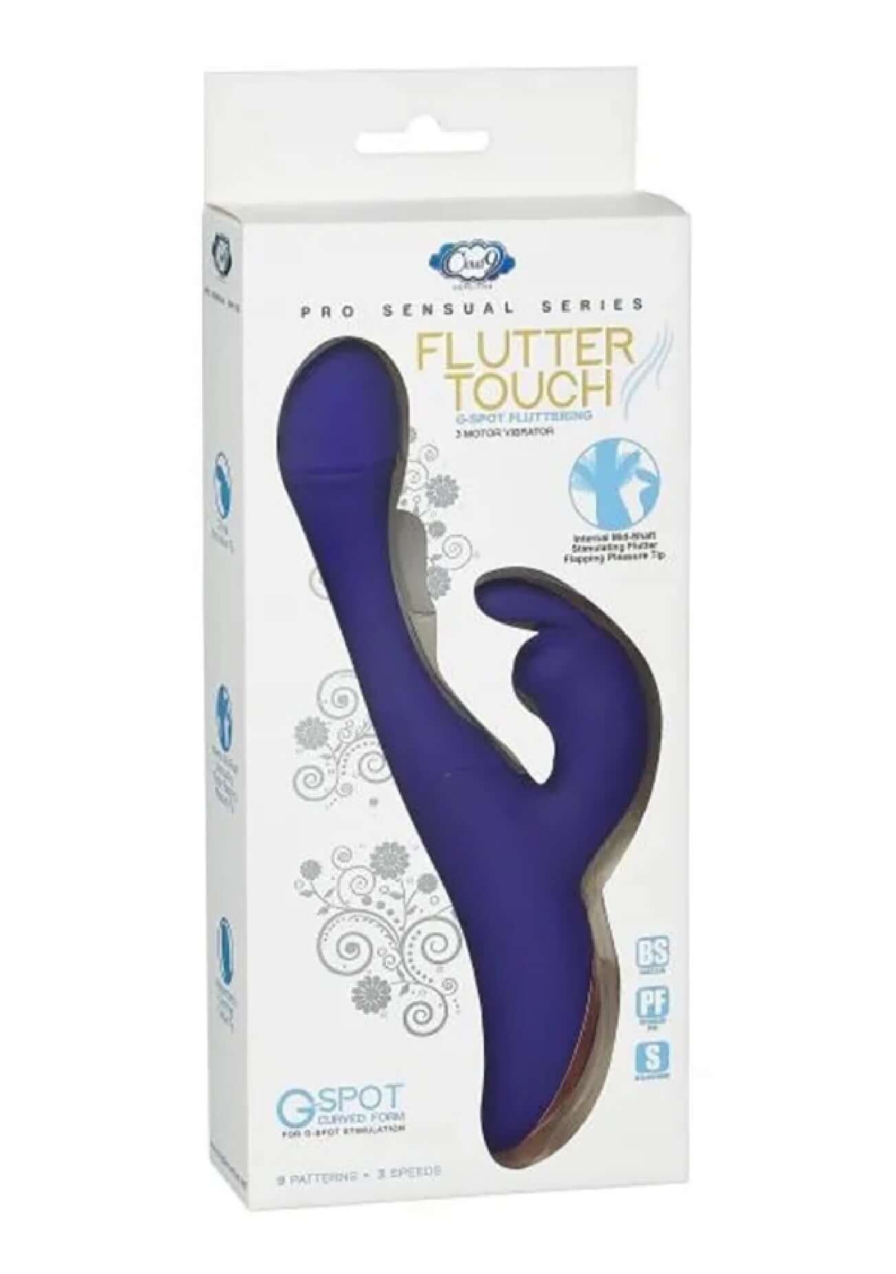Flutter Touch Rabbit - Violet three motor vibrator with fluttering stimulator and tongue-like feature for intense G-Spot stimulation in packaging