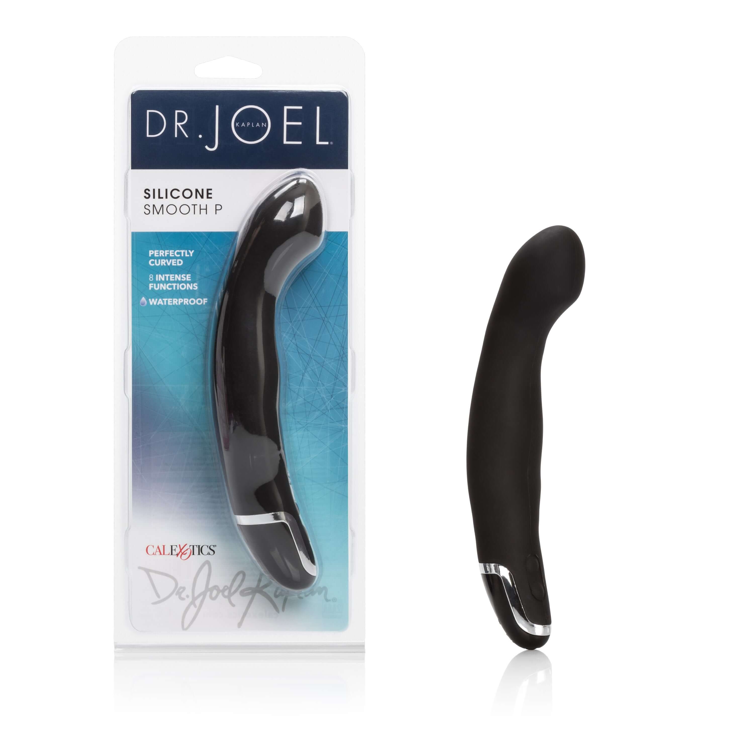 Dr Joel Silicone Smooth Prostate Massager in packaging showcasing its curved design and features.
